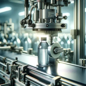 A close-up of a labeling machine applying a label to a product on a production line. The machine is shown in high detail, precisely placing a label on