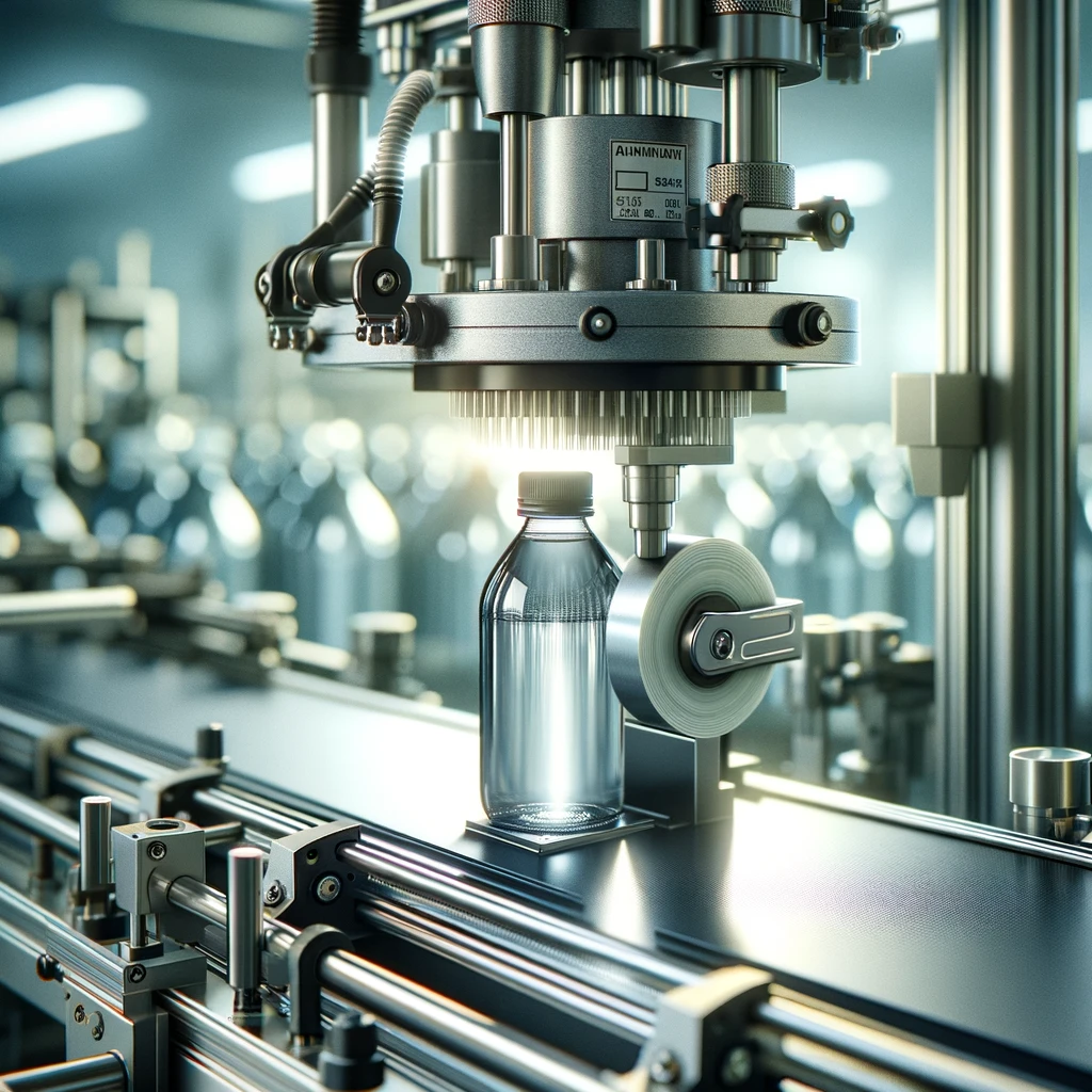 A close-up of a labeling machine applying a label to a product on a production line. The machine is shown in high detail, precisely placing a label on