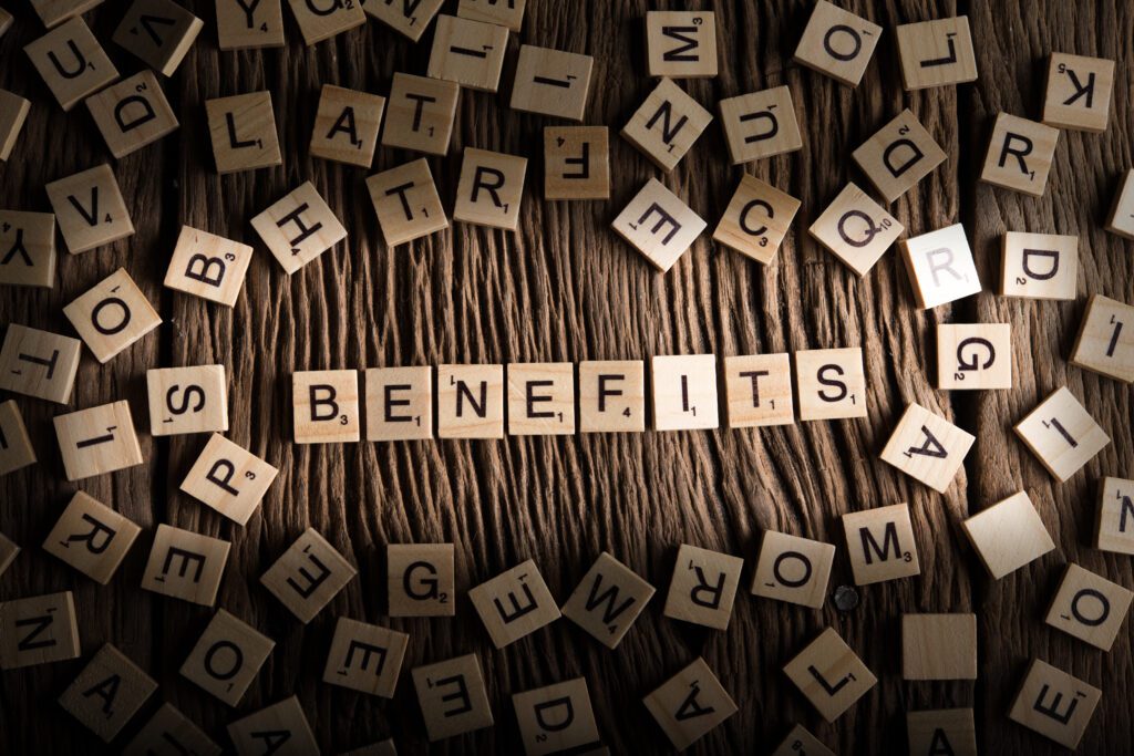 BENEFITS wooden tile font  concept